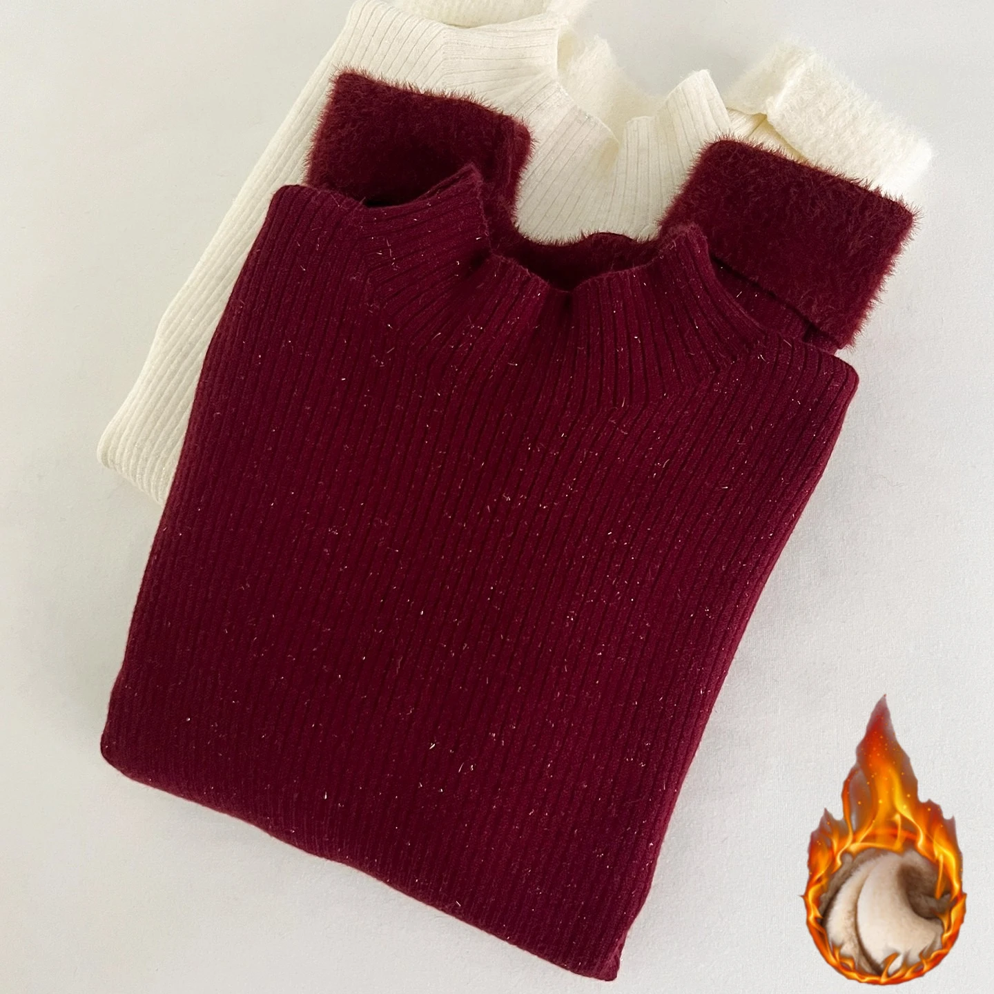 

Новинка 2025 года, однотонный джемпер с длинными рукавами, осень-зима, черный пуловер с воротником, утепленный вязаный свитер на флисовой подкладке