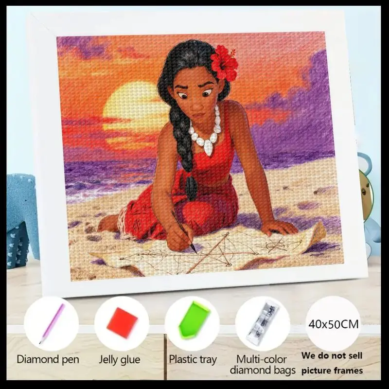 

1PC Disney Moana Princess 5D Full Drill Diamond Painting Kit, DIY Cartoon Character Sunset Beach Scene Big Gem Painting Set for