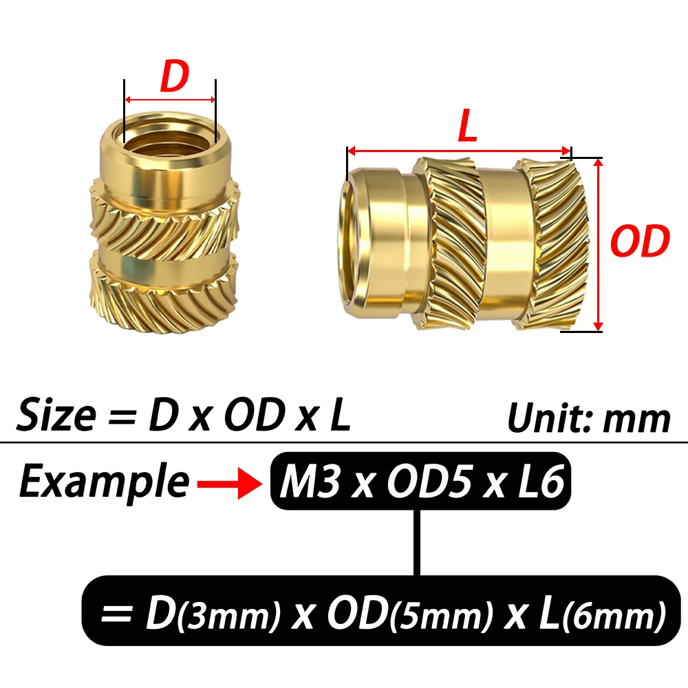 Brass Hot Melt Insert Knurled Nut M2 M2.5 M3 M4 M5 M6 Thread Heat Molding Brass Inserts Injection Embedment Nut for 3D Printer