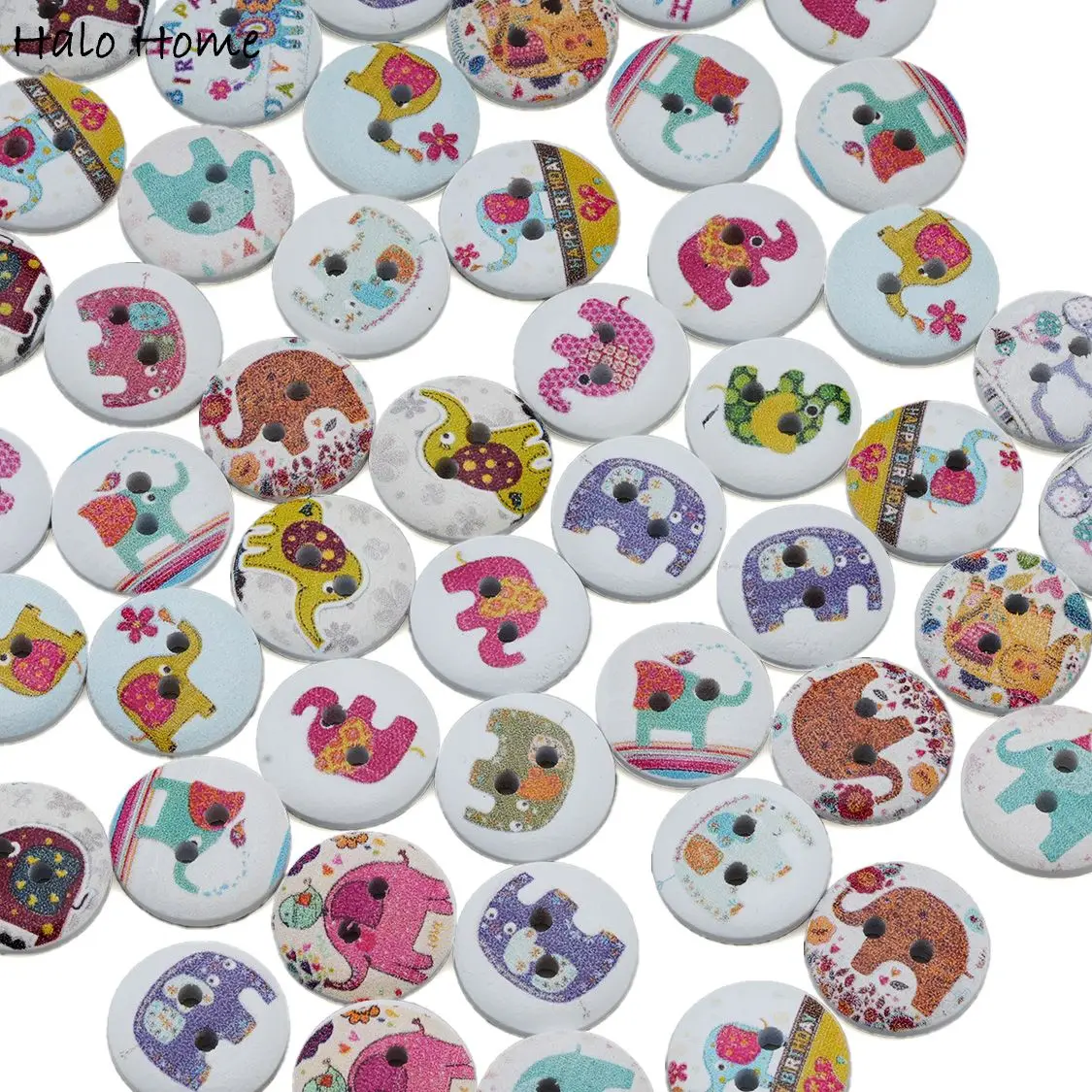 50pcs Cartoon Painted Elephant Theme Round Wooden buttons Sewing Scrapbook Clothing Gifts Crafts Handwork Accessories 15mm