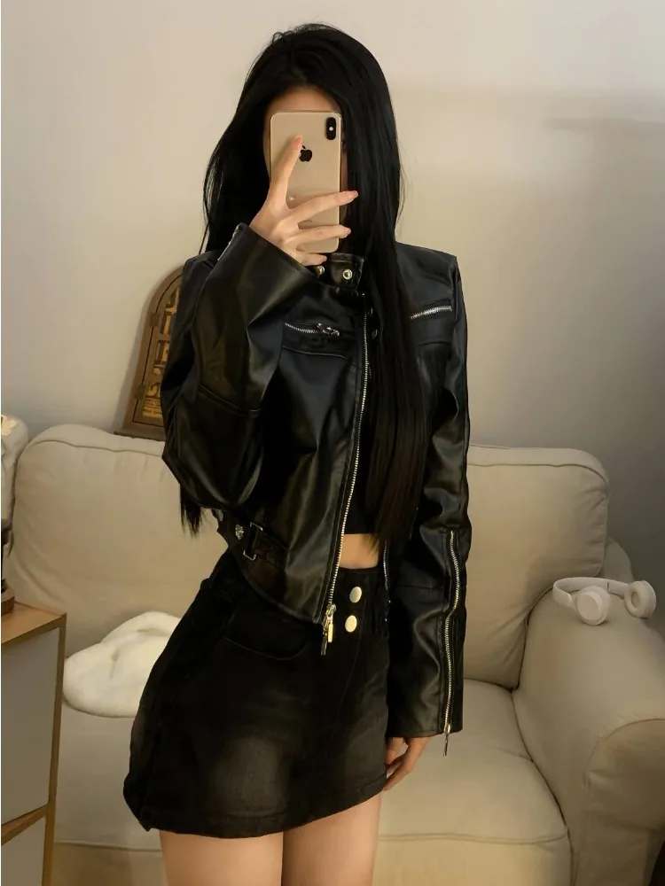 黒 PU ジッパーレザージャケット女性パンクスタイル因果ファッションレザージャケット夏のストリートハイストリートヴィンテージルーズコート