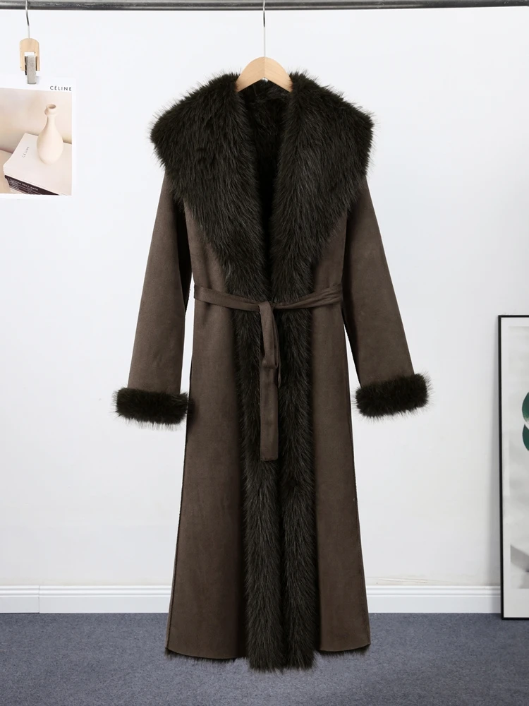 Módní oboustranný dlouhý kabát z umělé kožešiny s páskem pro ženy, ležérní teplý kabát s dlouhým rukávem, dámský zimní streetwear 2025 - náhled 2