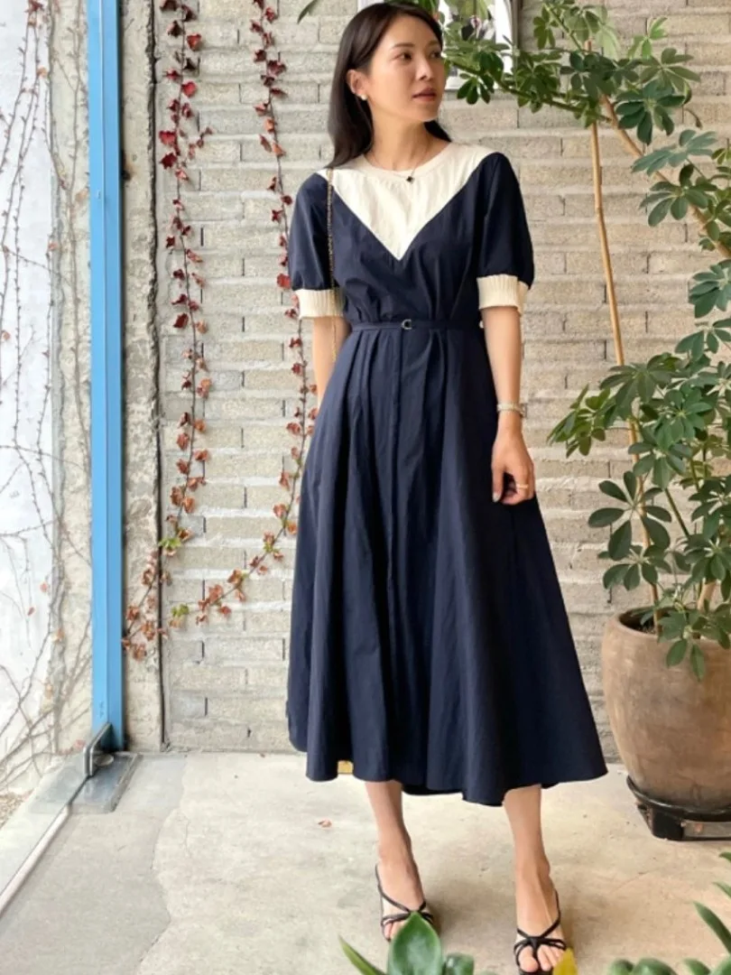 Longue épissure douce Dr Dongda Gate INS Ladylike plissé Midi Dr imprimé Floral f Sve ronde Ne X-ape Silhouette