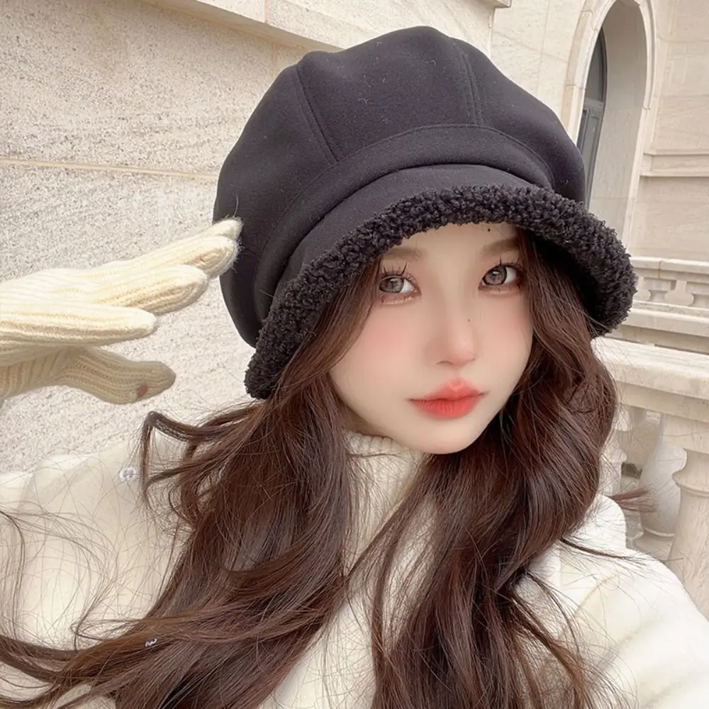 New Wide Brim Suede Bucket Hat Windproof Plus Lamb Hair Thick Berets Hats Outdoor Warm Painter Hat Spring Autumn Winter