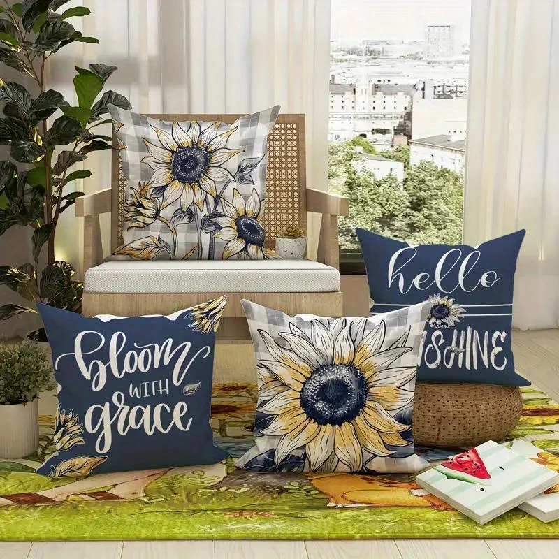 4 Pack Printed Sunflower Pillow Covers Set Farmhouse Boho Floral Decor Cushions for Seasonal Home Accents