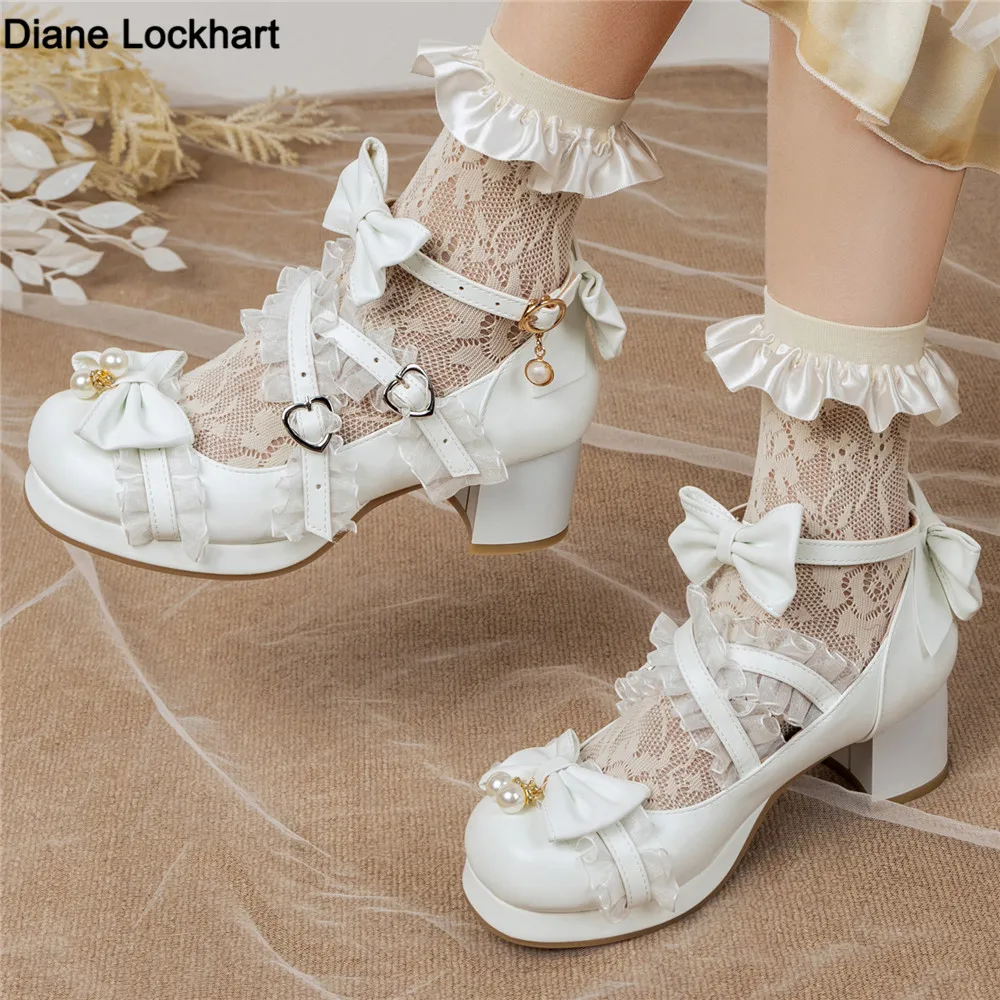 2025 Spring Women High Heels Cross Strap Mary Jane Pumps Party Wedding White Pink Black Ruffles Bow Princess Cosplay Lolita Shoe