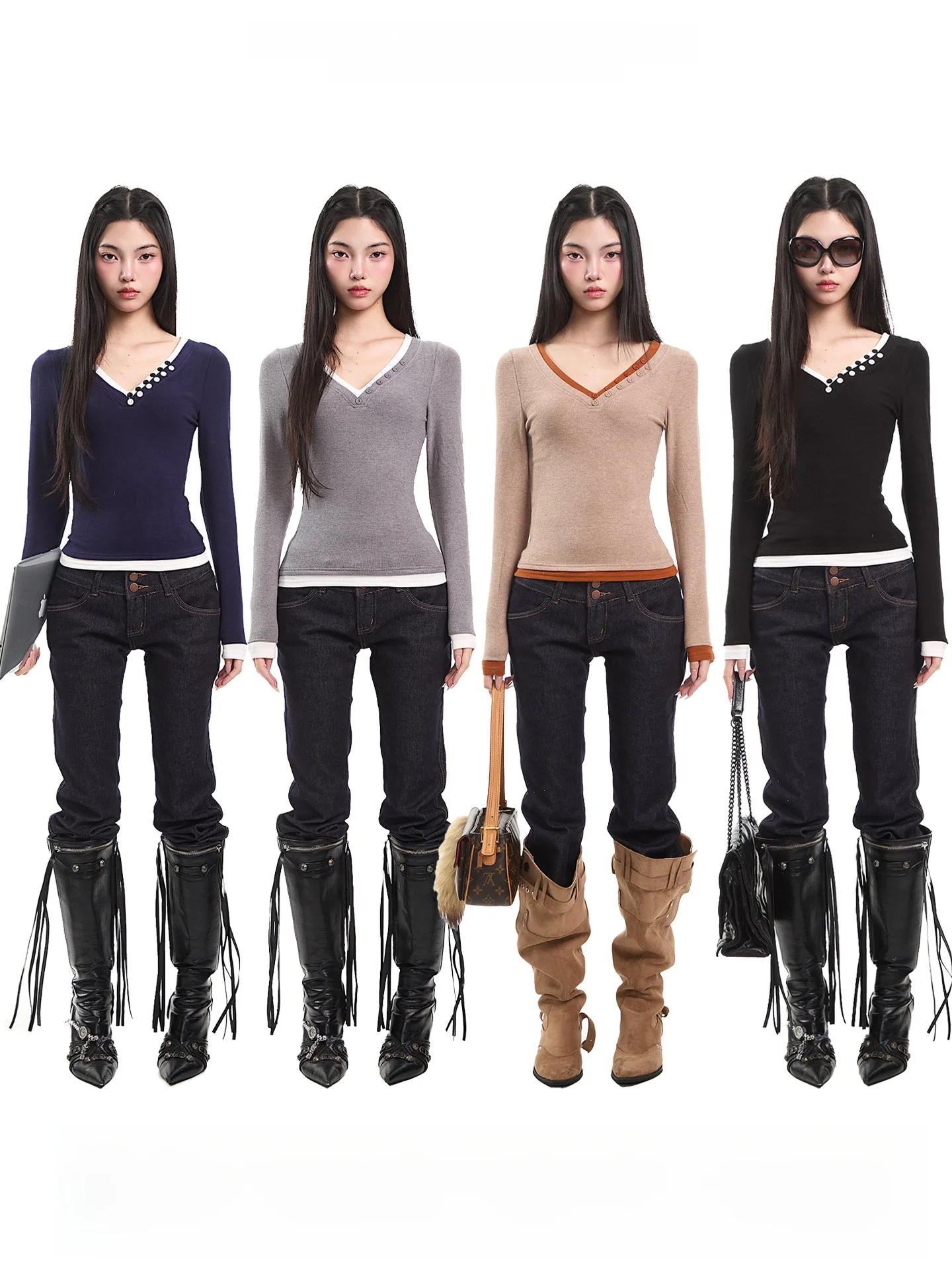 

Ретро-футболка с длинным рукавом, облегающая, с V-образным вырезом, женская базовая футболка, топ, черная, осенне-зимняя, повседневная одежда