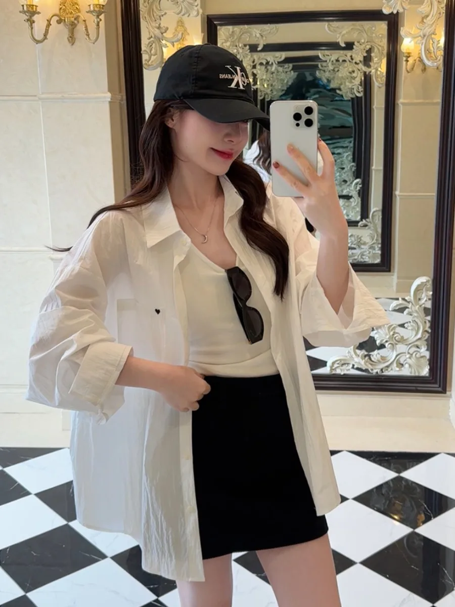 

Свободная рубашка в корейском стиле, модная, с защитой от солнца, больших размеров, женская, летняя, новинка, повседневный элегантный топ