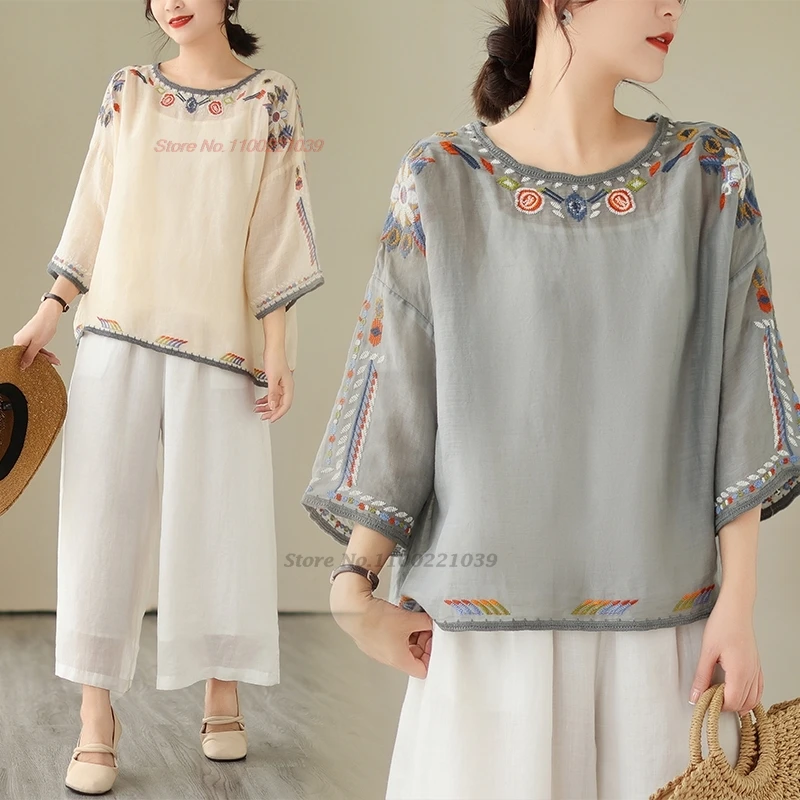 

2024 national flower embroidery loose blouse traditional chinese vintage hanfu tops o-neck blouse ethnic tea service folk blouse