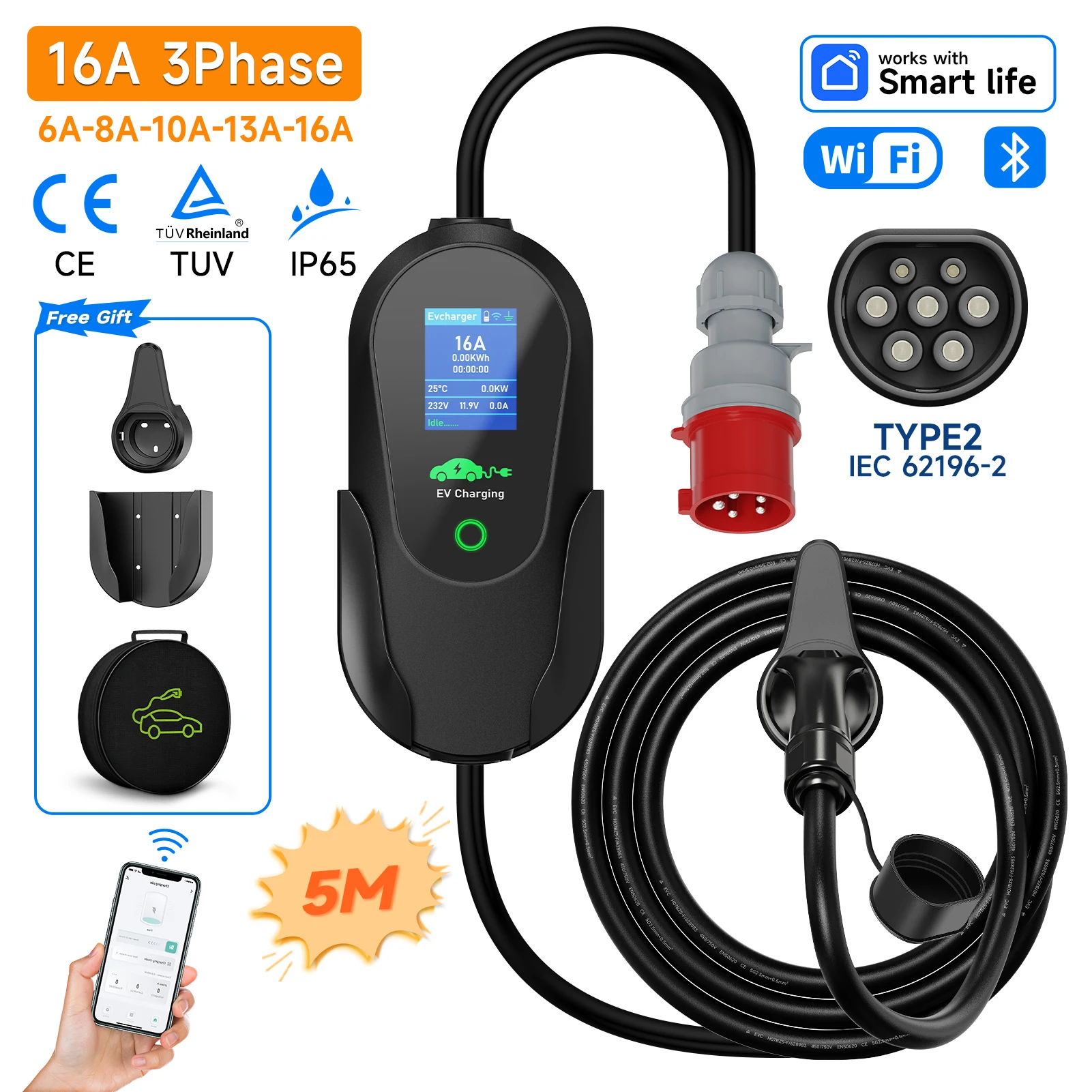 JNTAFEV 11KW 16A 3-phasiges Typ-2 tragbares EV-Ladegerät 5m CEE-Stecker Wi-Fi Bluetooth APP-Steuerung EVSE-Ladekabel für Elektroautos