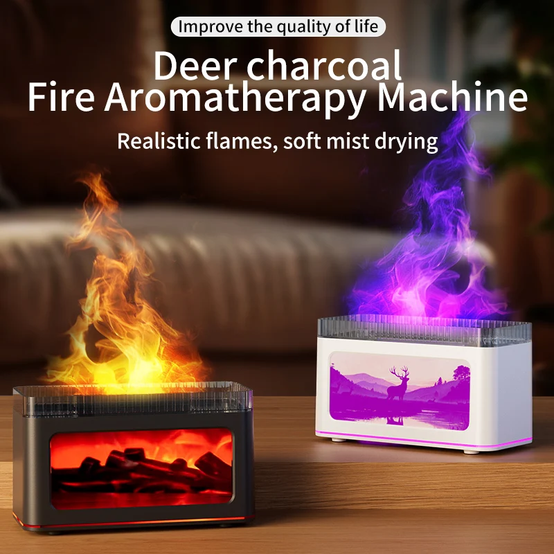 200ml Charcoal Fire Pattern Humidifier with Color-Changing Glow Quiet Mist 7-color ambient lighting for Bedroom or Desk