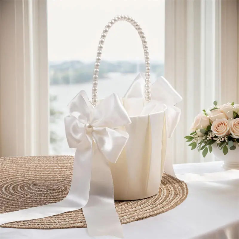 Wedding Flower Basket White Satin Pearl Bowknot Wedding Scattering Flower Basket Foldable Flower Women Pearl Handle Baskets image 6