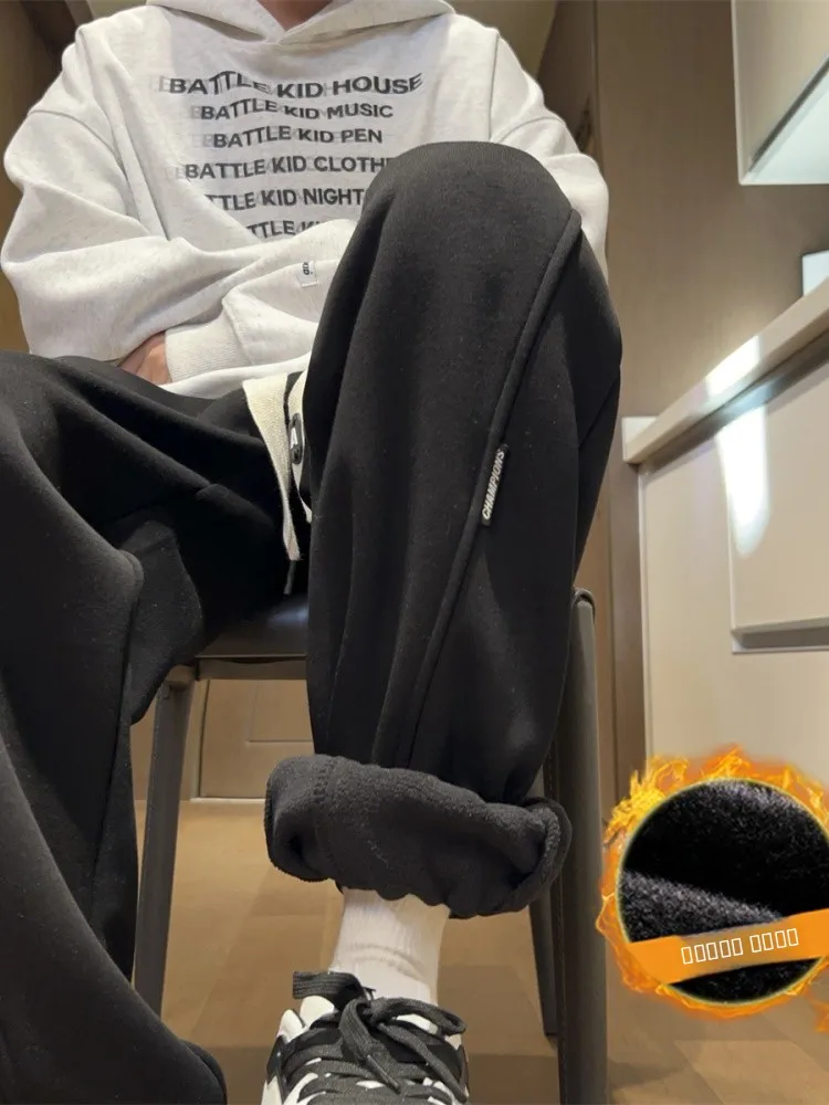 

Мужские утепленные брюки прямого кроя на флисовой подкладке, свободные повседневные однотонные теплые брюки с широкими штанинами, осенне-зимняя новинка