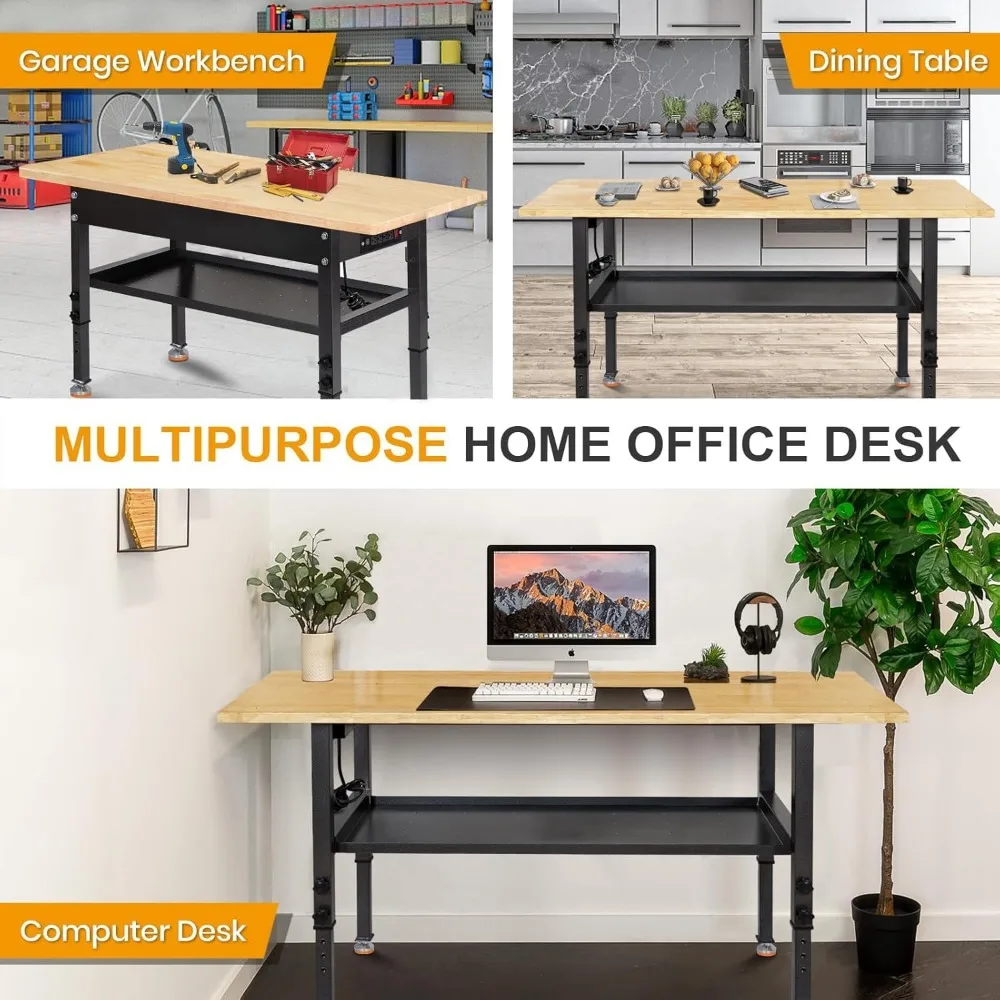 โต๊ะทำงานปรับระดับได้สำหรับงานหนัก พร้อมท็อปไม้ยางพารา ช่องเสียบปลั๊กไฟ ฉากกั้น และรับน้ำหนักได้ 2000 ปอนด์ สำหรับใช้งานในอุตสาหกรรม