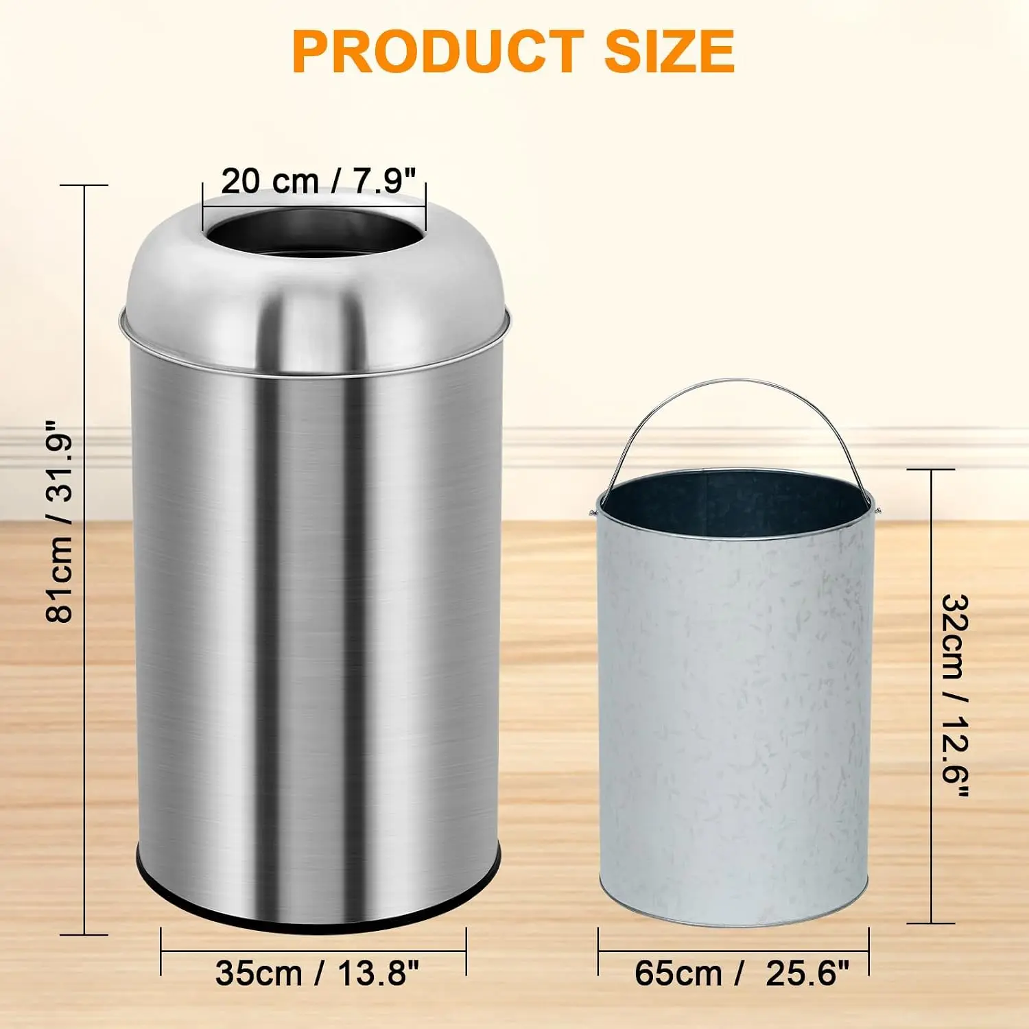 50/70L Stainless Steel Trash Can Open Top Double Layer Garbage Waste Bucket for Bathroom Kitchen Bedroom Office Desk Home Living Room Hotel Cleaning Tools
