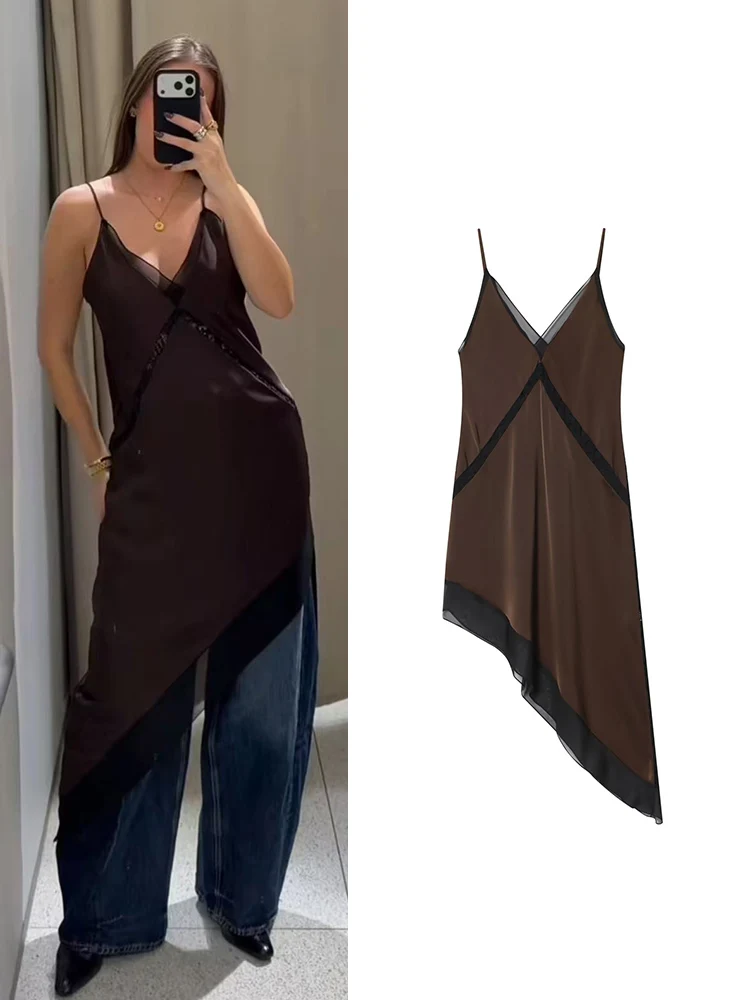 ﻿ TFMLN Women's Asymmetry Satin Dress 2026 New Chic Elegance Sexy V-neck Sling Evening Fashion Irregular Hem Splice Midi Dress
