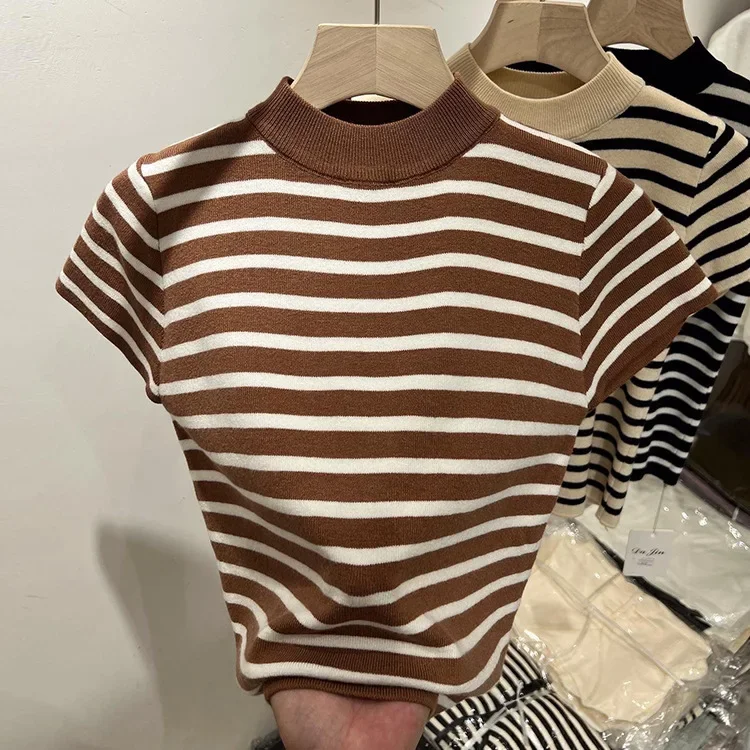 2026 Rollkragenpullover Gestreifter Pullover Slim Fit Oberteil Damen Frühling und Herbst Kurzarm Unterziehpullover – Detail 8