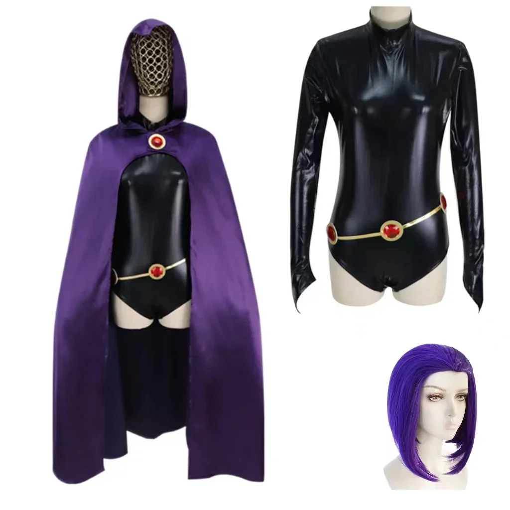 Tiener Titanen Raven Cosplay Kostuum Superheld Mantel Jumpsuits Zentai Halloween Strakke Kleding Cape + Taille Sieraden Ketting