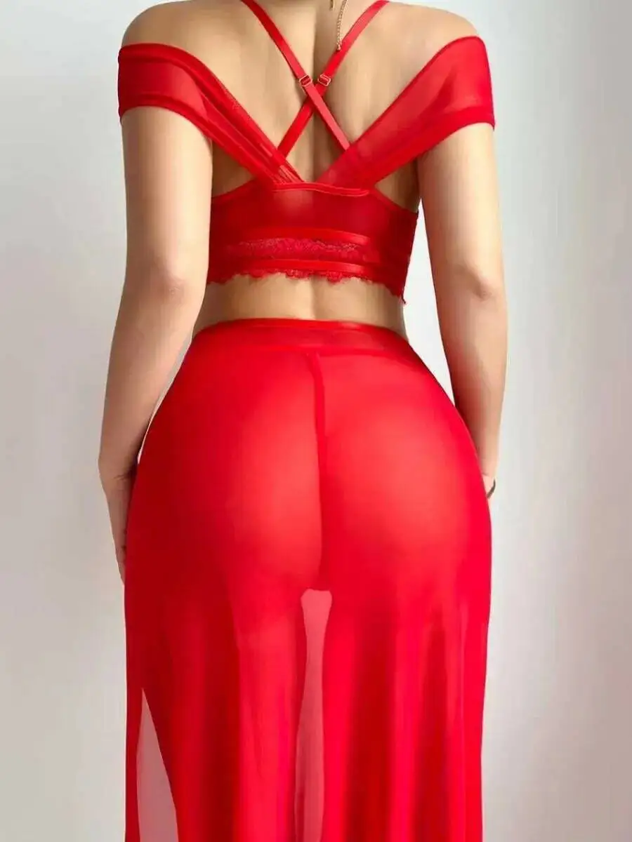 Nowa długa sukienka 2025, styl casual, seksowna, z rozcięciem, dopasowana, z przezroczystej siateczki, elegancka sukienka dla kobiet WXEA