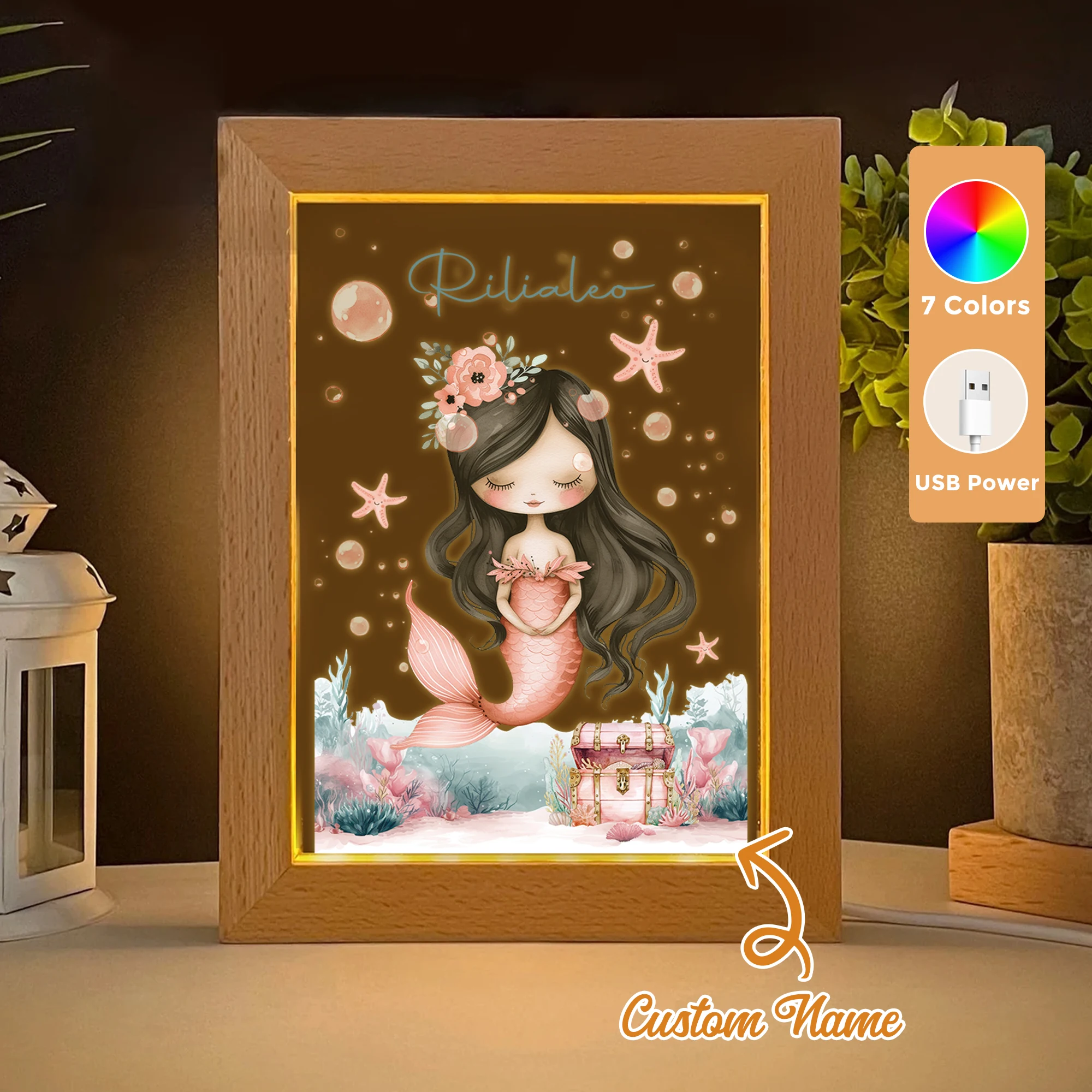 

2D Flat Custom Name Cartoon Mermaid LED Acrylic Night Light Wood Photo Frame 21x17cm Child Bedroom Gifts Home Decor
