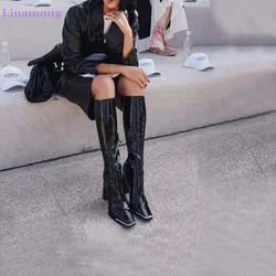 Black Metal Square Toe Chunky Heel Boots For Female Women Knee-high Patent Leather Solid Fashion Side Zipper Sexy Runway Shoes