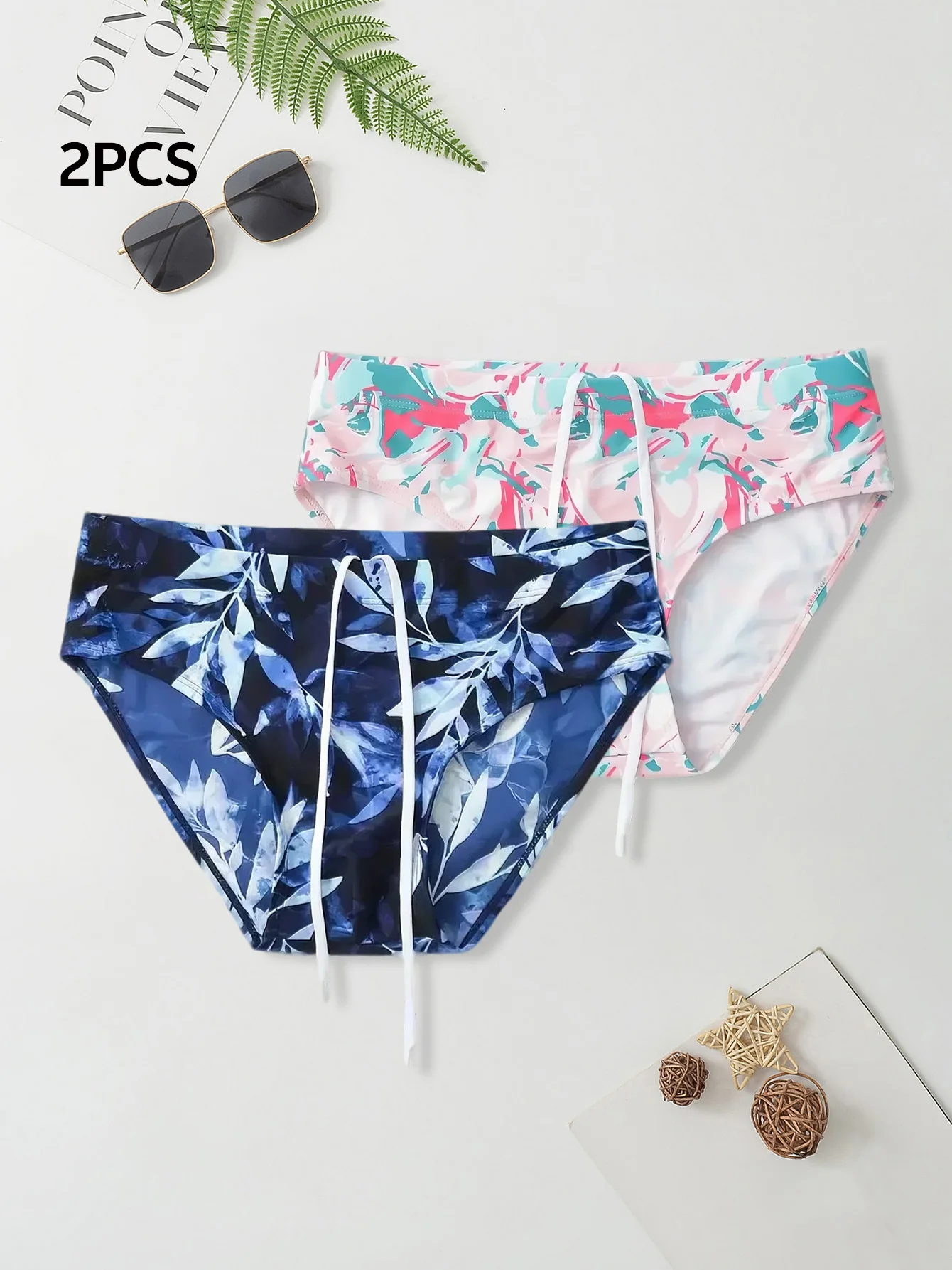 2 pieces, men's patterned drawstring quick-drying high-elastic swim briefs, the first choice for swimming and surfing.