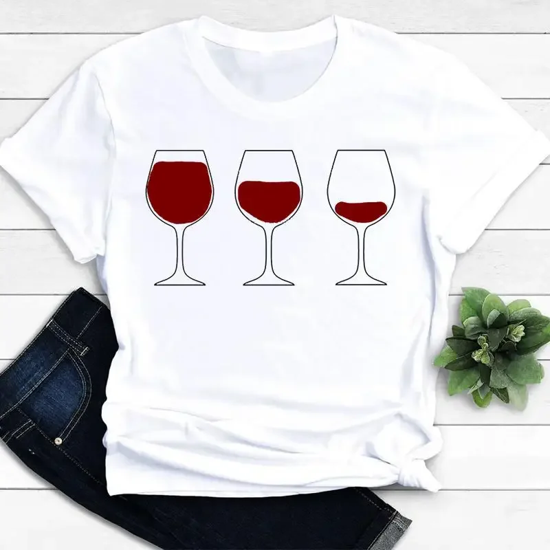 Graphic T Shirt New Women's Color Wine Glass Women's Print A Generation of Hair Base Shirt Trend Aesthetic Tops  Vintage Tee