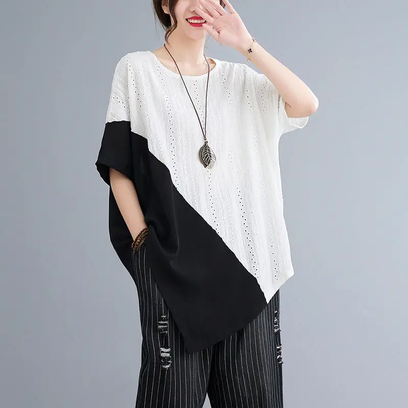 

temperament summer Round Neck Women's Patchwork Lace Loose Short Sleeve T-shirt Fashion Minimalist Midi Asymmetric Chiffon Tops