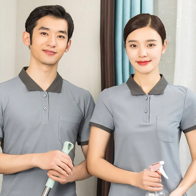 โรงแรม Workwear สำหรับ Logistics พนักงานฤดูร้อนบริการทำความสะอาดชุด Waiter แขนสั้น Overalls ทำความสะอาด Tops สำหรับ Unisex