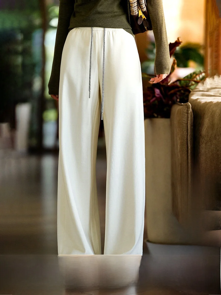 

Xhange Street Free Walk Wide Leg Straight Casual Pants Elastic Waist Dstring Loose Fit Comfortable Spring Women's Trousers