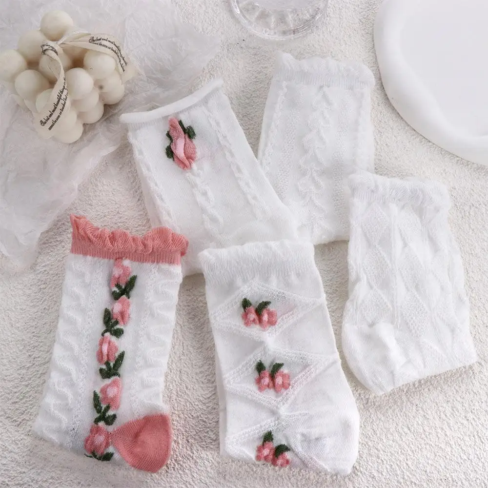 Kawaii Casual Breathable Harajuku Female Lattice Flower Socks Women Socks Female Hosiery Middle Tube Socks