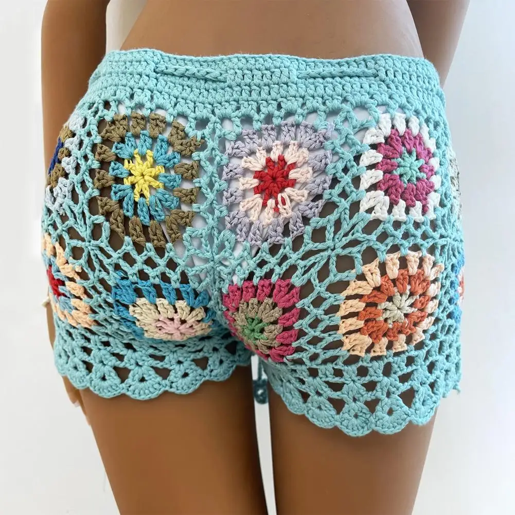 High Waist Shorts Lady Hollow Out Shorts Colorful Print Crochet Beach Shorts Stylish Slim Fit Vacation Bikini with for Women