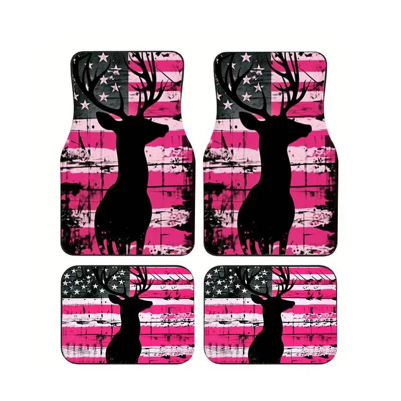 

4Pcs American Flag Deer Silhouette Car Floor Mats Universal Non-Slip Pink Black Auto Interior Accessories for Sedan SUV