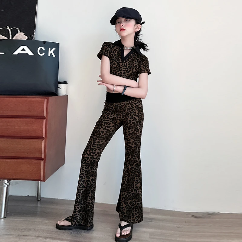 

Fashion Girls Top+Bottom Set Young Girls Leopard Print Tee+ Long Paints Sets Child Suits Toddle Classic 2-Piece Suit Size 4-14Y