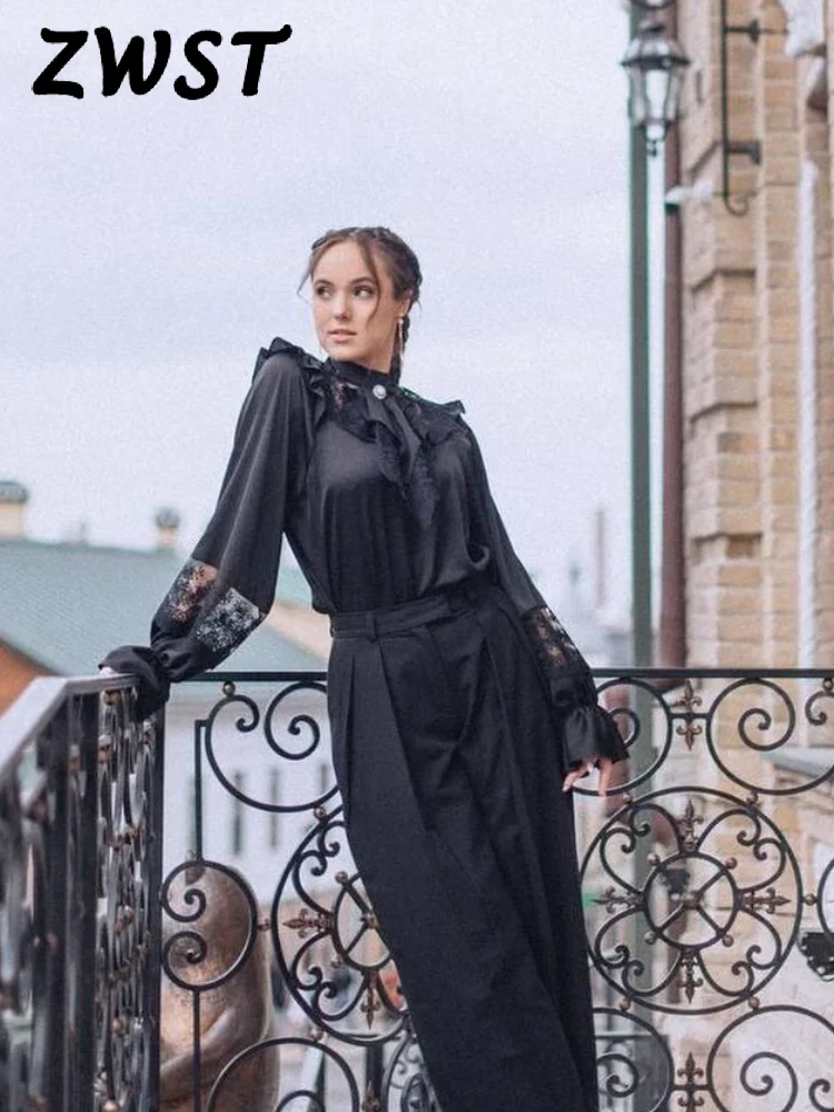 

Fashion Lace Patchwork T-shirt Women Solid Long Lantern Sleeve Pleated O-neck Female Blouse 2025 Winter Spring Lady Clothes New