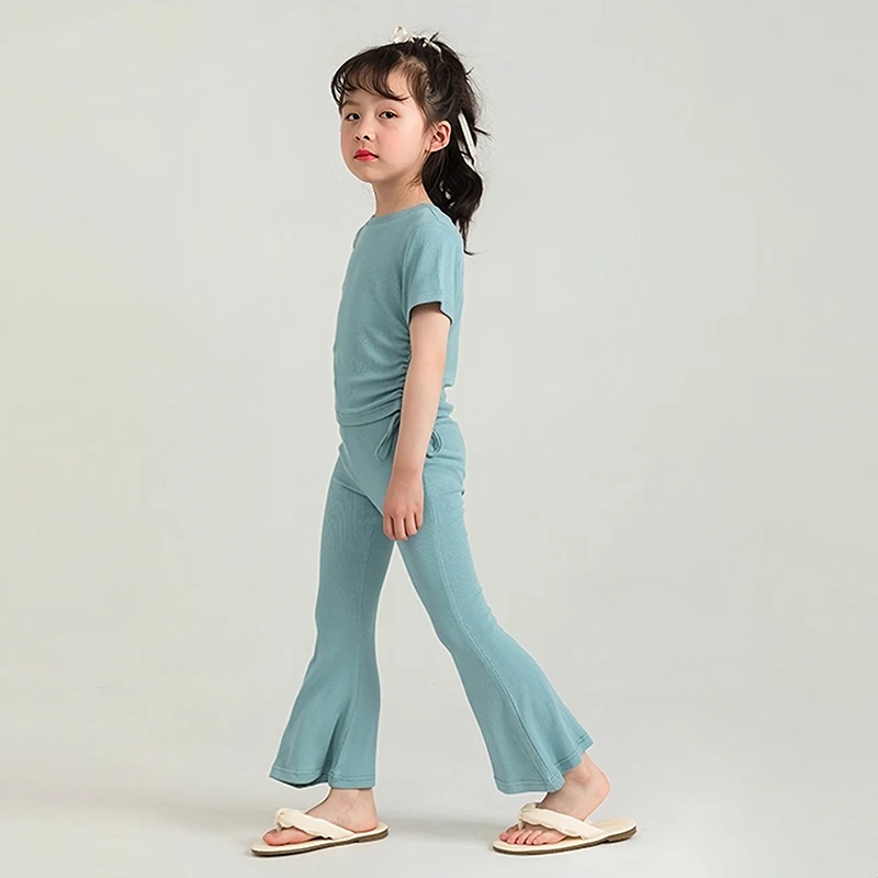 Summer Girl Clothes Suit Round-Neck Short Sleeve Blouse+Flared Trousers Simple Designed Fashion Casual Outing Sets Kids Outfit