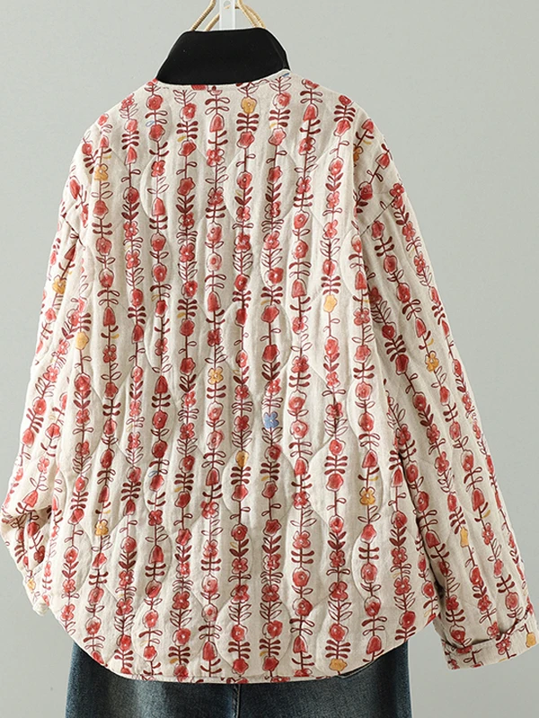 

Retro Linen Print Cotton Jaet Women's Thiened Warm ort Outerwear V-ne Long Sve Regular Fit Winter Faion Trend