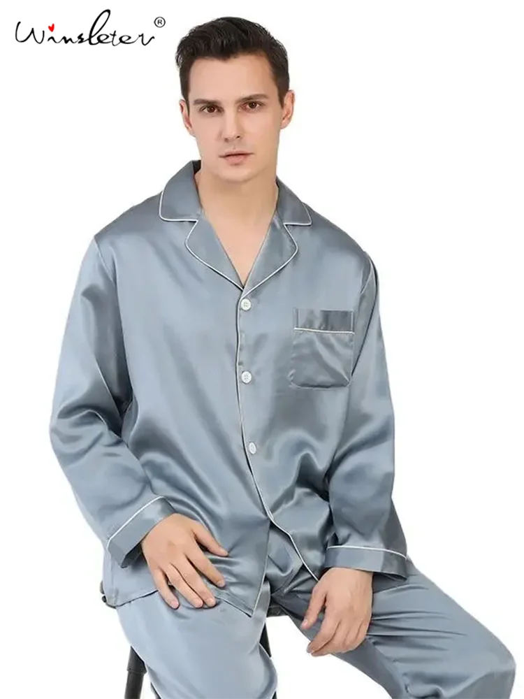 2024 New Men Homewear,19 Momme 100%Pure Silk Pajamas Sets,Casual Long Sleeve Loungewear Pant,2Piece Suit Sleepwear,S38008QM