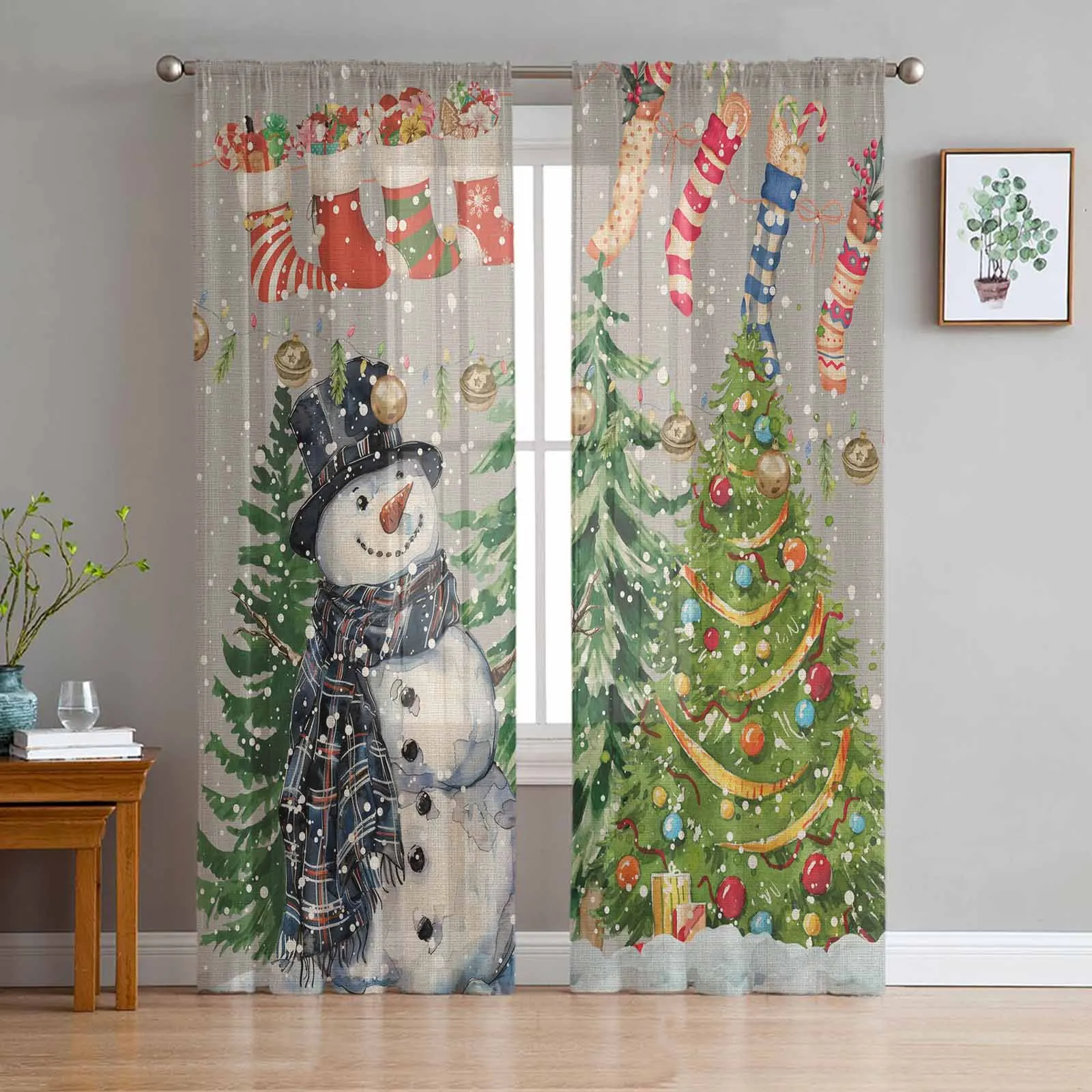 Hand Drawn Vintage Christmas Tree  The Sea Sheer Curtains for Living Room Bedroom Home Hotel Coffee Decor Chiffon Tulle Curtains