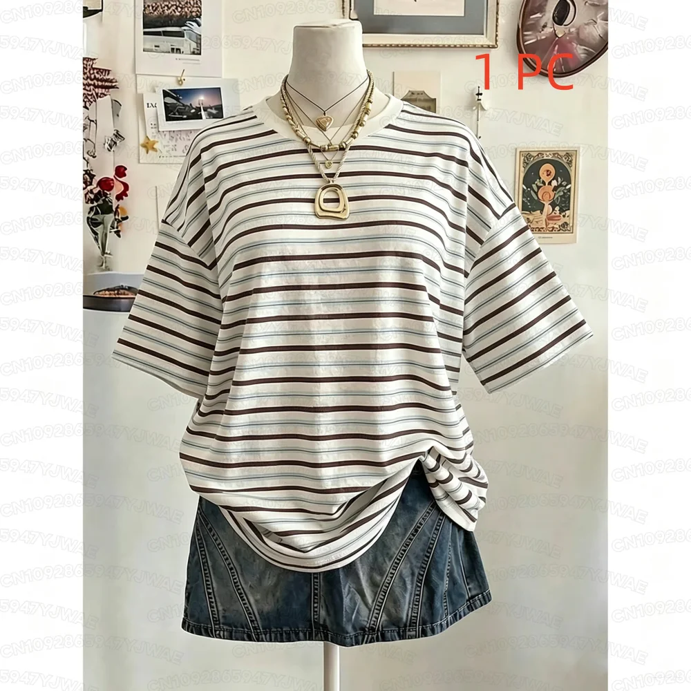 Sommer Y2K Gestreiftes Oversize-T-Shirt mit Rundhalsausschnitt und Fallschulter für Damen Kurzarm Street Casual Sport-Oberteil – Detail 4