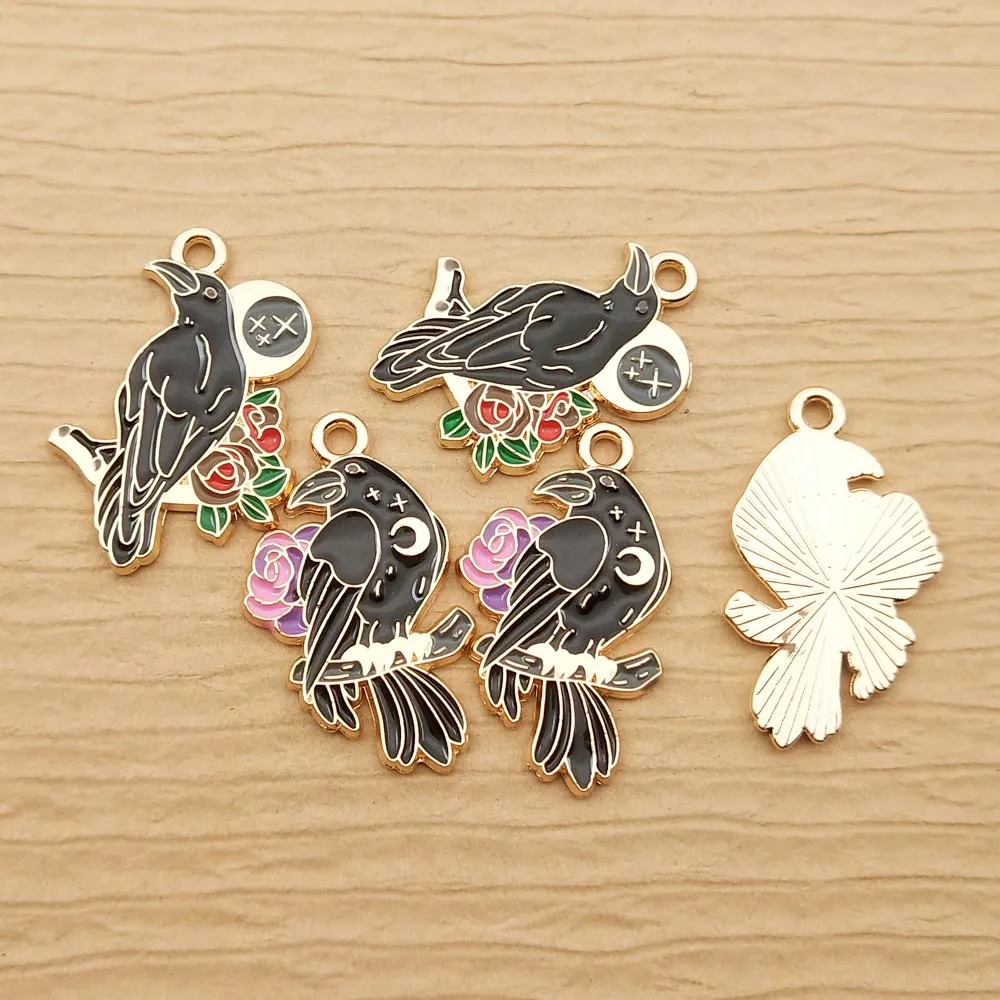 10pcs Flower Crow Charm for Jewelry Making Enamel Earring Pendant Necklace Bracelet Accessories Zinc Alloy Gold Plated