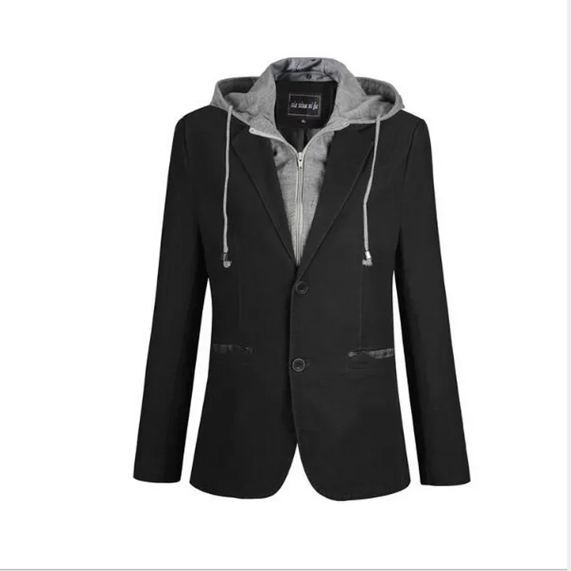 Blazers Men's Hooded Suit  Cotton Jacket Unloading Cap Hooded Suit Fake Two Pieces Men's Single Buckle Blazer