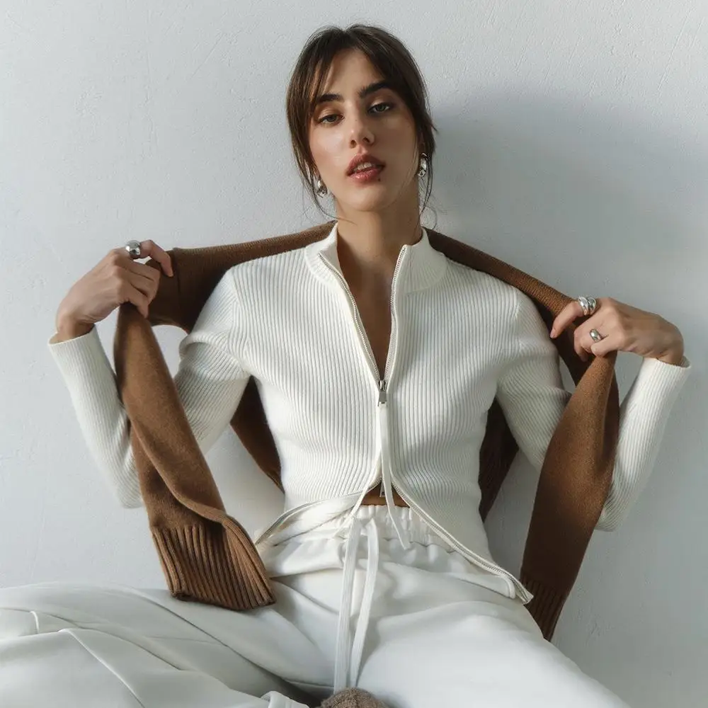 

Теплый вязаный кардиган с длинными рукавами и воротником-стойкой, женская приталенная повседневная куртка на молнии с вставками, утепленное осеннее пальто