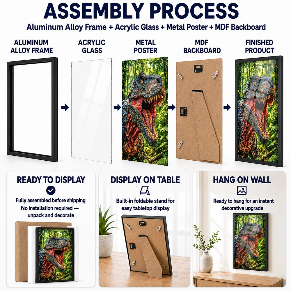 Fierce Dinosaur Roaring In Forest Framed Metal Print Customized Nature Tribute Wall Art For Animal Fans Decorating Living Room