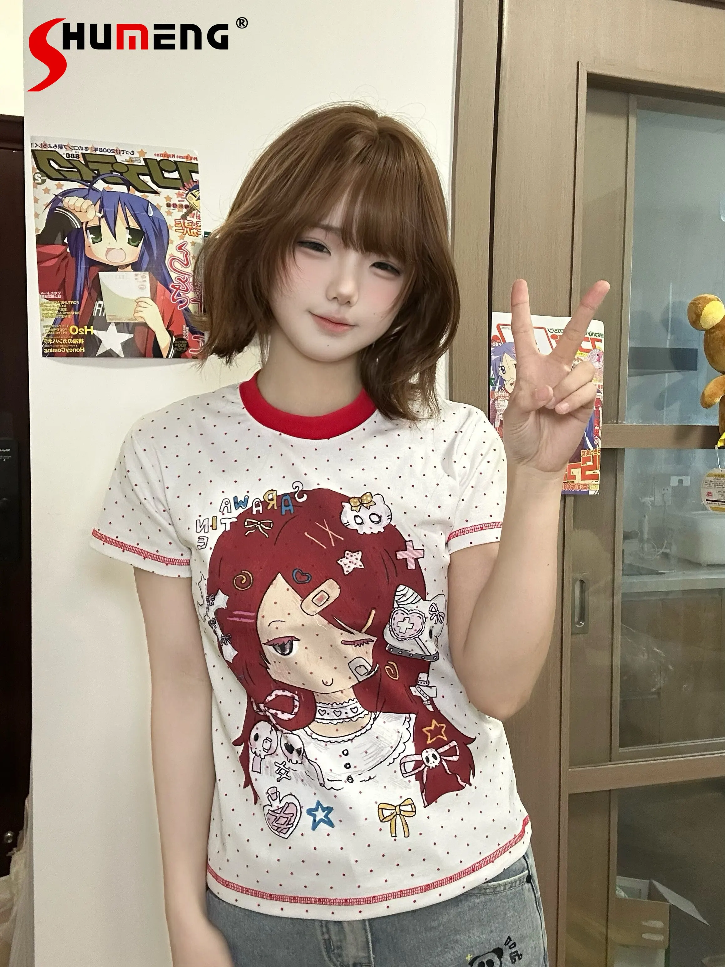 

Original Japanese Cartoon Animation Dot Print Embroidery Girl Y2K Tops Round Neck Short Sleeve Sweet Versatile T-shirt for Women