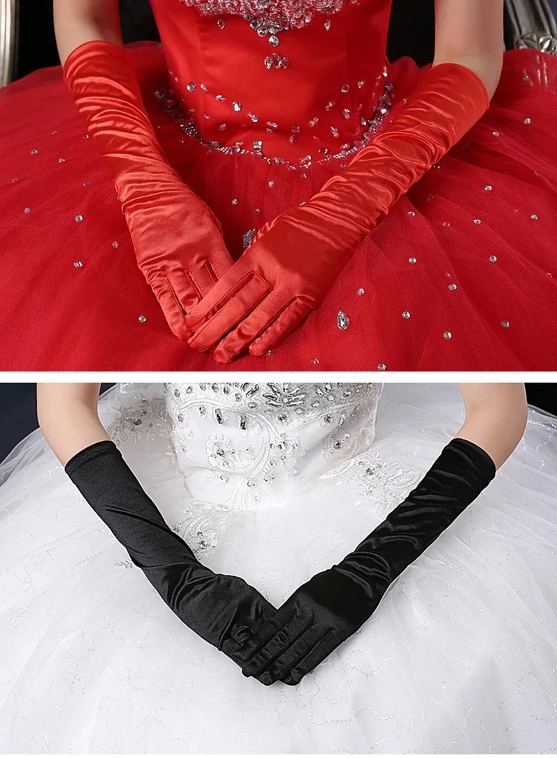 Las mujeres negro rojo boda guantes altura de codo de 38CM guantes largos de novia Cosplay de mujer Casual fiesta accesorios de la boda