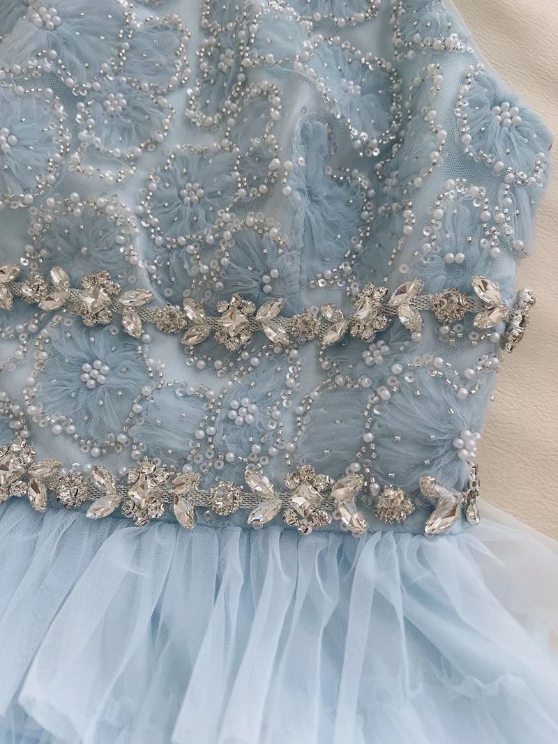 

Ele Blue Crystal Chain Neline Summer Dr Роскошная юбка трапециевидной формы с высокой талией Свадебная церемония для взрослых для повседневного использования ort D...