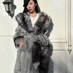 2023 Winter Real Fur Coats With Fox Lapel Collar Natural Whole Skin Genuine Rex Rabbit Fur Long Overcoat Luxury Women