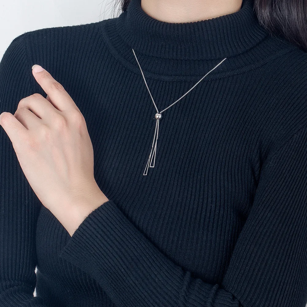 Real 925 Sterling Silver Triangle Pendant Necklace Box Chain Long Drop Earrings Jewelry Sets For Women Trendy FQL23062
