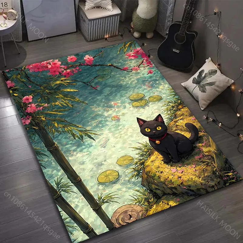 Black cat stream cherry blossoms Pattern Rug Carpets for Bedroom Living Room Sofa Mat Creative Door Mat Cloakroom Home Decor